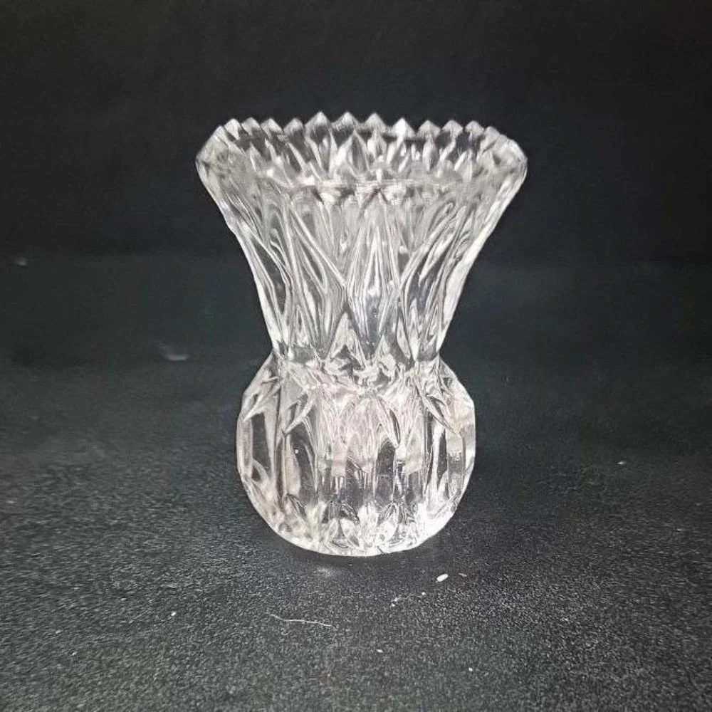 Crystal Thistle Pineapple Toothpick Holder, Vtg Glass Bud Vase, Saw Edge Design‎